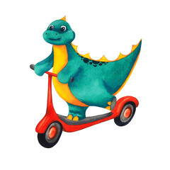 Cute Baby blue green and yellow watercolour sport Dinosaur on red scooter. Sports equipment. Hand drawn illustration isolated on white.