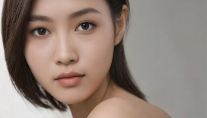 Fototapeta premium Asian woman portrait - beautiful young lady with smooth skin, studio lighting on white background