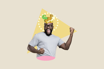 Artwork collage of delighted excited guy raise fists growing arrow upwards pile stack money coins inside head isolated on creative background