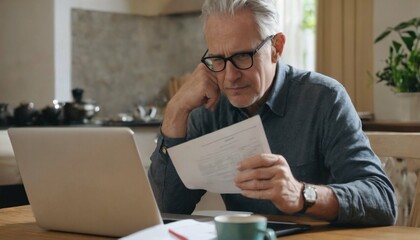 Unable to pay debt - Caucasian man sitting with laptop in financial crisis, calculating expenses from invoice, bills, credit card, mortgage or loan issues, bankruptcy concept - obrazy, fototapety, plakaty