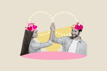 Creative photo composite collage of happy positive couple holding palms together celebrate valentine day isolated painted background