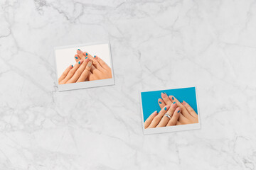 Collection of instant photo with picture of hands with manicure. Manicure design trends