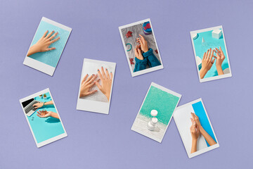 Fototapeta na wymiar Collection of instant photo with picture of hands with manicure. Manicure design trends
