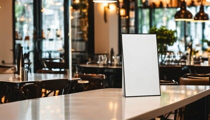 Fototapeta na wymiar Marketing, design, and advertising mockup in cafe, blank white empty menu sign poster display paper on countertop