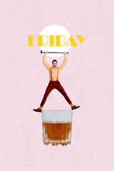 Vertical collage of excited mini guy hands hold stick stand huge whiskey glass enjoy friday...