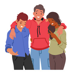 Fototapeta premium Three Young Friends Girl and Two Boys Characters Friendly Hug, Share An Unbreakable Bond, Cartoon Vector Illustration