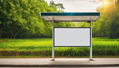 Empty white blank billboard digital sign poster mockup on rural bus stop street for advertising, marketing, and template
