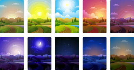 Day parts. Background of noon morning day and night recent vector cartoon landscape with weather horizon - obrazy, fototapety, plakaty