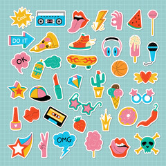 Teenage stickers. Colored fashion retro labels doodle set recent vector illustration set