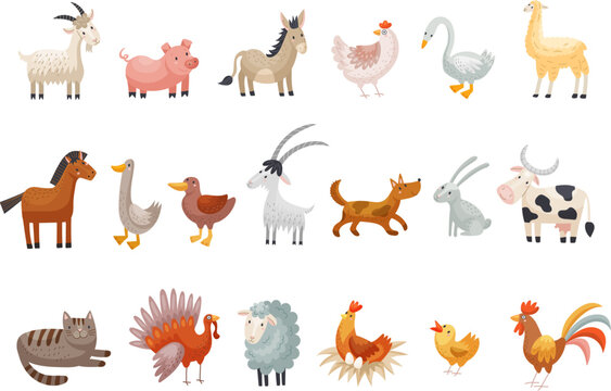 Farm animals. Different animals set cow horse sheep ram recent vector stylized pictures set
