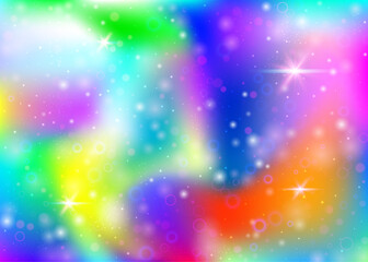 Holographic background with rainbow mesh. Colorful universe banner in princess colors. Fantasy gradient backdrop with hologram. Holographic magic background with fairy sparkles, stars and blurs.