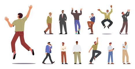 Set of Different Men Use Smartphone, Feel Fear, Jump and Rejoice. Old and Young Male Characters, Businessmen