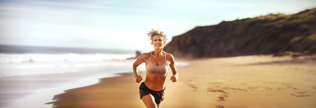 Beautiful slim and fit senior woman enjoying running on sandy beach. Outdoor aerobic cardio training - Powered by Adobe