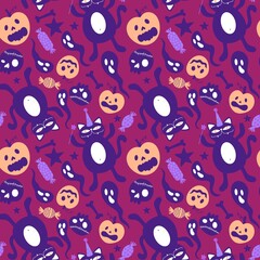 Halloween cartoon pumpkins seamless cat and skulls and ghost pattern for wrapping paper and fabrics and kids