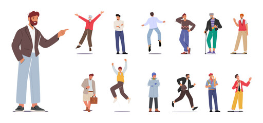 Set of Different Men Wear Formal and Casual Clothes. Old and Young Male Characters Jump, rejoice, Hurry at Work