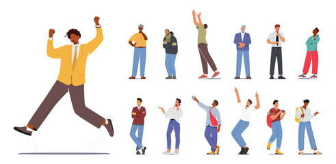 Set of Different Men Freeze, Jump, Stand in Confident Pose. Old and Young Male Characters Shoot on Smartphone, Dance