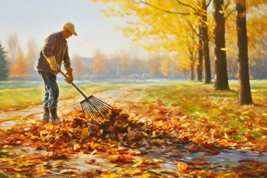 Painting depicting man using rake to gather fallen leaves. This image can be used to represent autumn, gardening, or yard work.