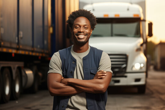 Man standing confidently in front of powerful semi truck. This image can be used to depict transportation, logistics, delivery, or trucking industry.