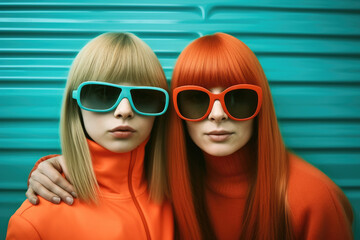 Two women with vibrant orange hair wearing stylish blue sunglasses. Perfect for fashion, summer, or lifestyle-related projects.