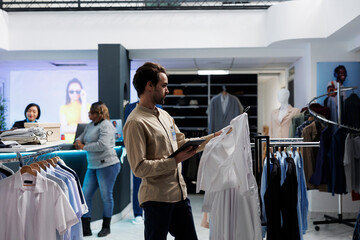 Clothing store employee checking shirt size and managing inventory using digital tablet. Fashion boutique manager holding apparel on hanger and examining merchandise in stock