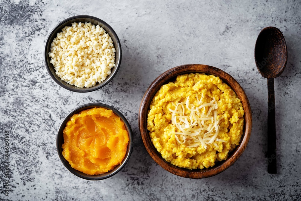 Wall mural Millet porridge with pumpkin puree and cheese in a bowl