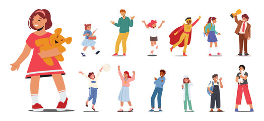 Set Of Children, Young Boys And Girls Characters In The Early Stages Of Life. Curios, Playful, Kids Playing With Pet