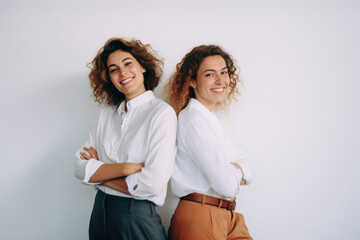 Two women standing side by side. Suitable for depicting friendship, diversity, or teamwork.