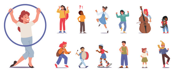 Fototapeta premium Set of Children Rollerblading, Play with Hula Hoop, Cello and Drum, Drink Water. Girls and Boys Vector Illustration