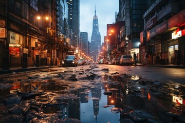Fototapeta na wymiar wet streets after rain in a cyberpunk-style city