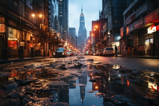 wet streets after rain in a cyberpunk-style city