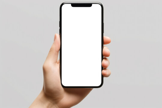 Person holding phone with white screen. This image can be used to showcase mobile technology or communication concepts.