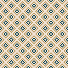 Vector geometric seamless pattern with squares, rhombuses, grid. Abstract graphic ornament in dark green, gold and beige color. Retro style checkered background. Simple elegant repeated geo texture