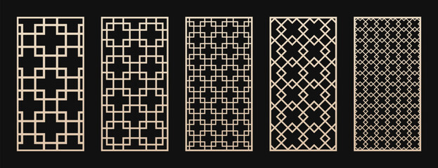 Decorative panels for laser cut, CNC cutting. Cutout silhouette with abstract geometric pattern, squares, diamonds, grid, lattice. Japanese style. Vector stencil for wood, metal. Aspect ratio 1:2