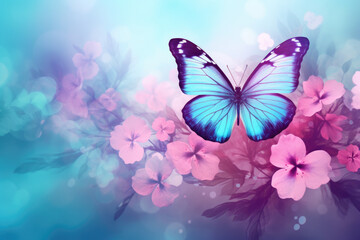 Beautiful blue butterfly perched on top of vibrant pink flowers. This image can be used to add touch of nature and color to any design project.