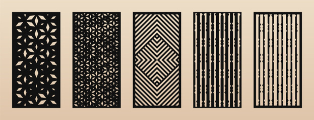 CNC, laser cut vector templates. Modern abstract geometric panels set with grid, lines, halftone patterns. Decorative template for laser cutting of metal, wood, acrylic, plastic. Aspect ratio 1:2