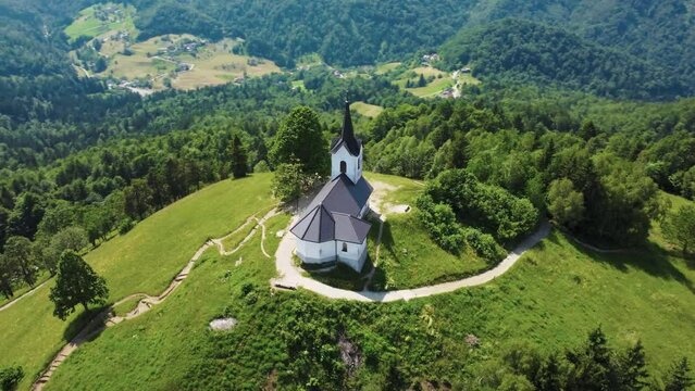 Drone Aerial View Sveti Jakob Church On Top Of Green Hills, Slovenia.