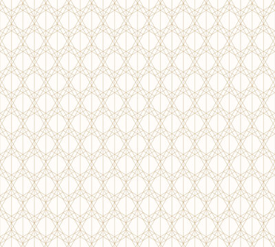 Golden line pattern. Vector geometric seamless texture with delicate grid, thin lines, diamonds, triangles. Subtle abstract white and gold graphic background. Art deco style ornament. Repeat design