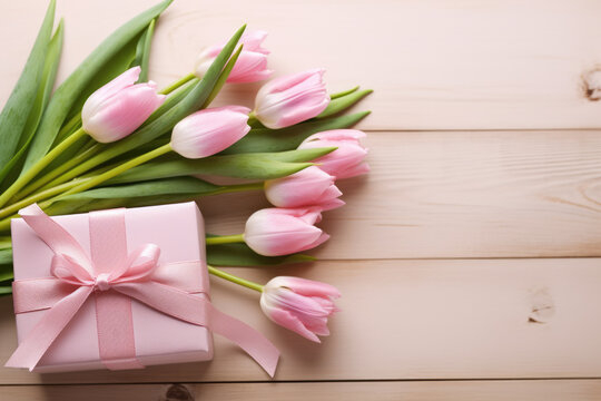 Beautiful bouquet of pink tulips accompanied by pink gift box. This image is perfect for expressing love, appreciation, or celebrating special occasions.