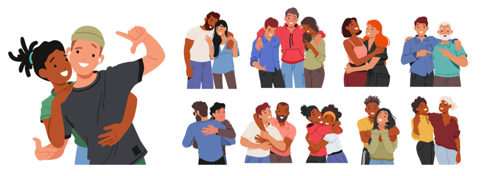 Set of Male and Female Characters Embrace, A Friendly Hug Communicates Affection, Support, And Connection