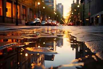 puddle of water reflecting monuments illuminated at night
