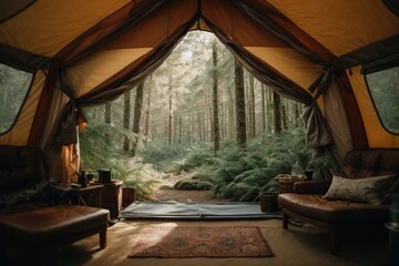 Photography from inside a tent, camp, forest landscape
