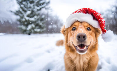 Cute golden retriever dog wearing Christmas red Santa Claus hat in snow falling sky scene. Winter...
