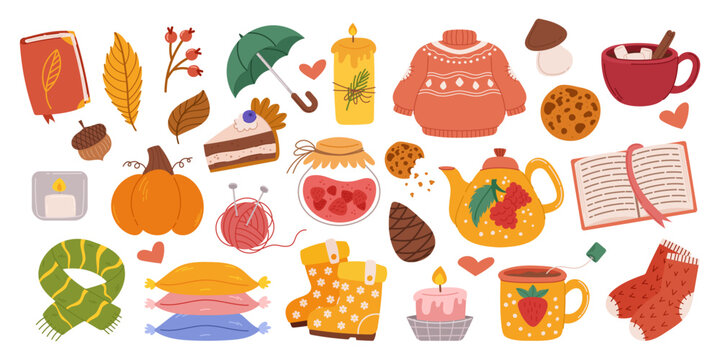 Cozy Autumn Set. Cartoon Book, Leaves, Umbrella And Sweater. Burning Candle, Cookie, Tea Cup And Pumpkin Cake