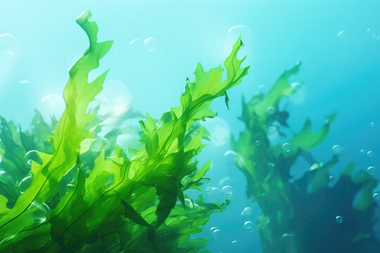 Picture of green plant with bubbles floating in water. This image can be used to depict underwater life or as background for nature-themed designs.