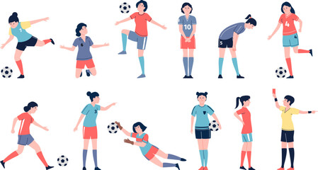 Fototapeta na wymiar Flat female football players with ball. Soccer workouts for teenagers, professional girls players team, sport women recent vector characters