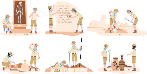 Archeologist working, geology and archeology. Historical archeological discovery, man and woman with tools. Cartoon ancient recent vector set