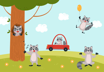 Cartoon raccoons rest on meadow. Funny raccoon driving car, flying balloon and sing. Woodland animals, childish nature classy vector location