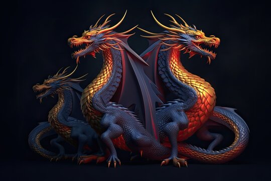 Three dragons on a dark background. Symbol of the year according to the Chinese calendar