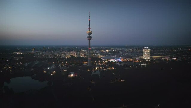 Munich night skyline aerial view drone footage of city munigh germany.