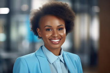 Woman wearing blue suit smiles at camera. This professional and friendly image can be used for business presentations, corporate websites, or promotional materials.